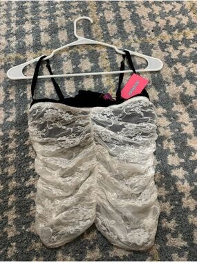 Edikted White Lace Ruched Crop Top with Black Straps